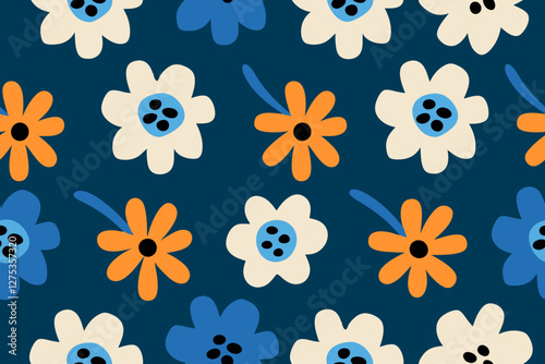 Trendy floral seamless pattern illustration. Vintage 70s style hippie floral background