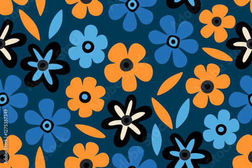 Trendy floral seamless pattern illustration. Vintage 70s style hippie floral background