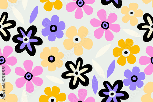 Trendy floral seamless pattern illustration. Vintage 70s style hippie floral background