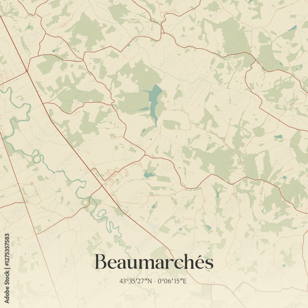 Fototapeta premium Vintage map of Beaumarchés, France.