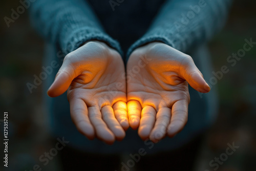 Open palms uplifted in worship for eucharistic blessings, divine healing, and spiritual therapy during a serene moment of reflection and connection with the divine photo