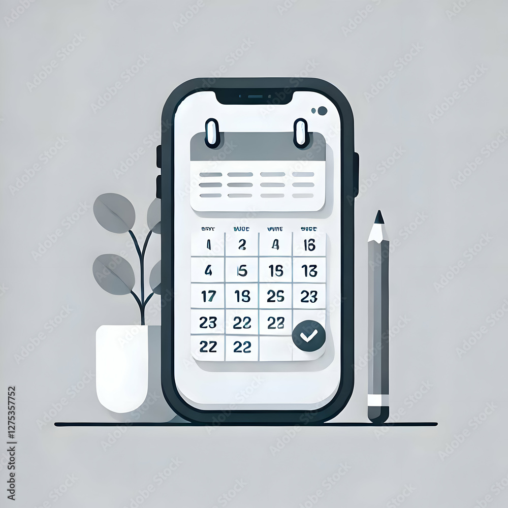 A minimalist illustration of a smartphone placed on a desk with an open calendar app, highlighting important dates, against a white background. A minimalist illustration of a smartphone placed on a desk with an open calendar app, highlighting important dates, against a white background.