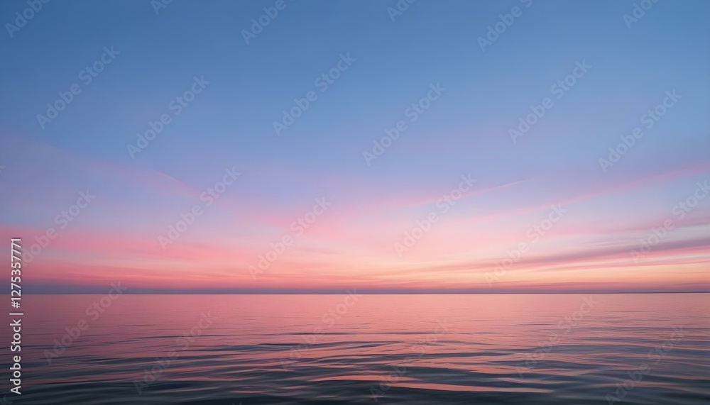 Fototapeta premium Simple calm blue sea, ocean under a sunset sky. Gradient sky, gradient sea, colourful, pink sky, purple sky, blue sky, orange sky. Calm mood, mood photo, sea, sky background. Landscape. heaven, dawn. 