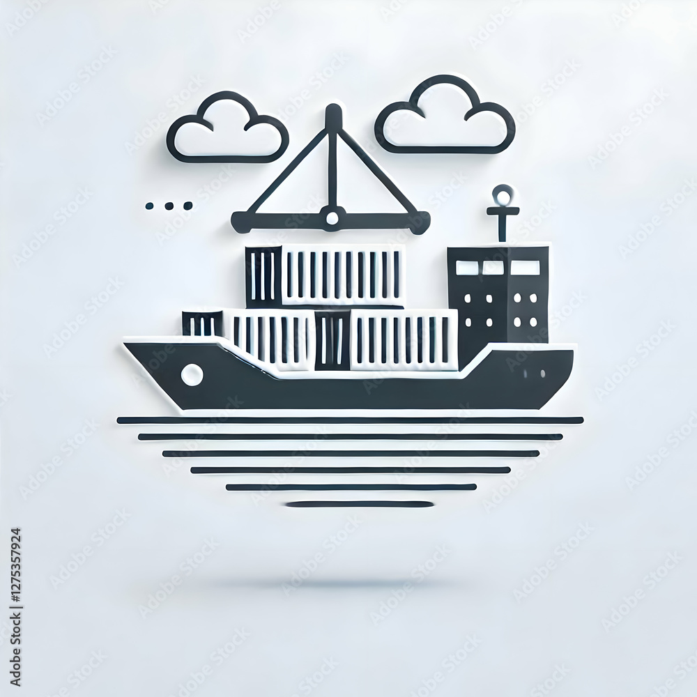 Naklejka premium A sleek and minimalist illustration of cargo being loaded onto a ship for export. The white background highlights the simplicity of shipping and transportation logistics.