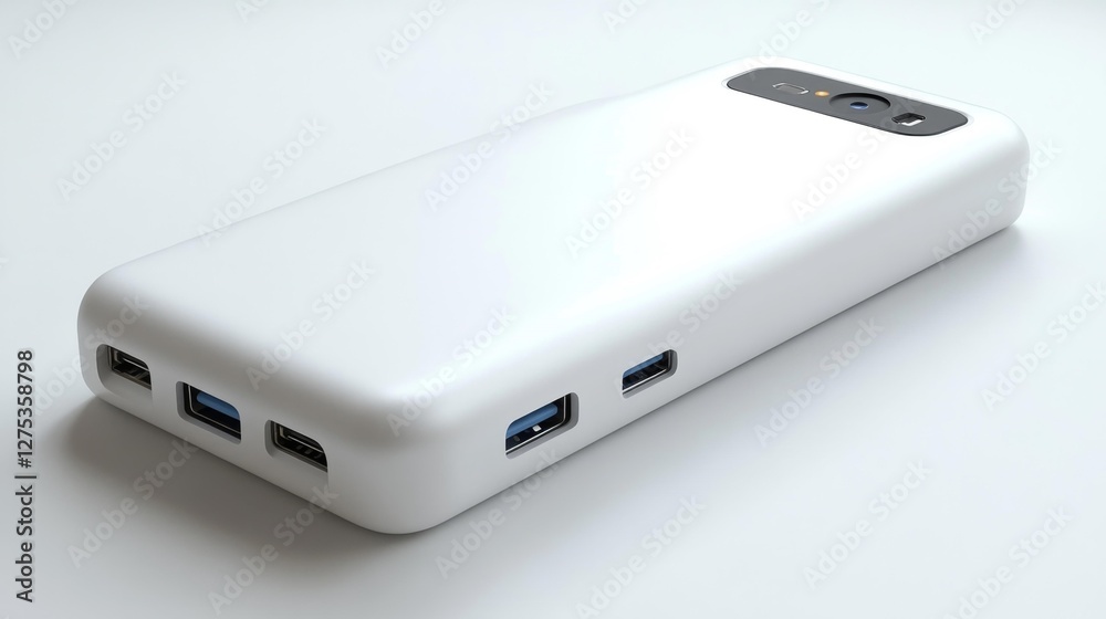 Minimalist white power bank with USB-C and USB-A ports on a white isolated background. Generative AI Minimalist white power bank with USB-C and USB-A ports on a white isolated background. Generative AI