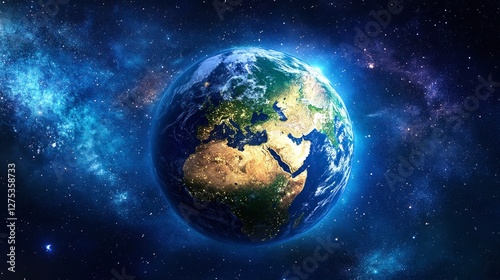 Glowing Earth at night, seen from space, with vibrant city lights forming a web of civilization
