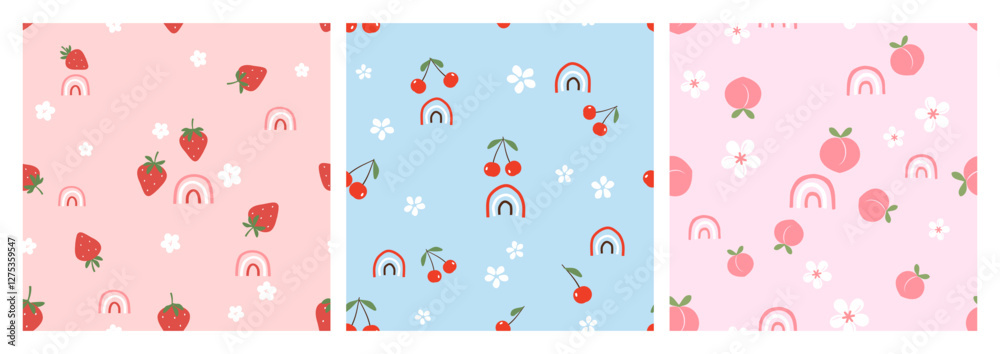 Seamless patterns with strawberry, cherry, peach fruit, cute flower and rainbow on pink and blue backgrounds vector. Cute fruit print. Seamless patterns with strawberry, cherry, peach fruit, cute flower and rainbow on pink and blue backgrounds vector. Cute fruit print.