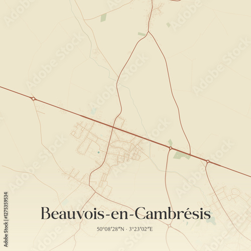 Vintage map of Beauvois-en-Cambrésis, France.