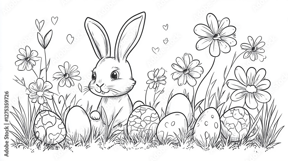 Obraz premium Line art illustration of an Easter bunny surrounded by decorated eggs and daisies. 