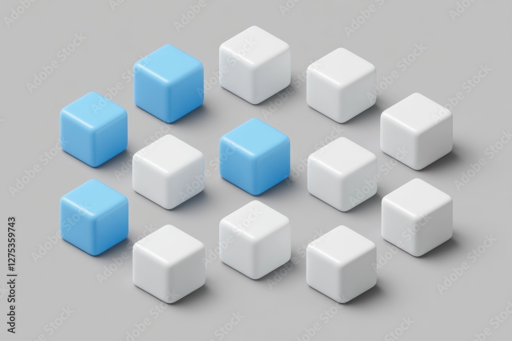 Blue and white cubes arranged in a pattern on grey background. Blue and white cubes arranged in a pattern on grey background.