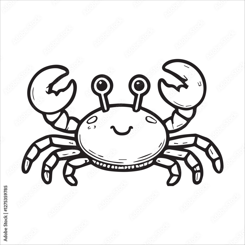 Black and white cartoon of a crab suitable for educational materials, childrens books, seafood restaurant menus, and oceanthemed designs. coloring book Black and white cartoon of a crab suitable for educational materials, childrens books, seafood restaurant menus, and oceanthemed designs. coloring book