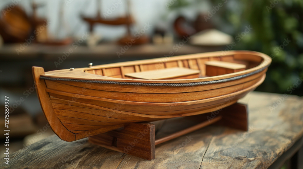Fototapeta premium This close-up photograph captures the detail and precision of a classic wooden fishing boat highlighting the craftsmanship and artistry behind each handmade element. AI generative