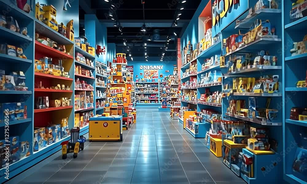 Colorful toy store aisle, shopping mall interior, wooden toys, retail display