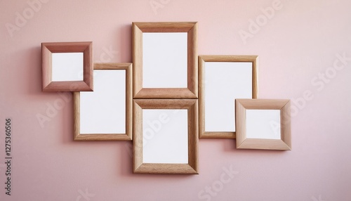 Vertical and Horizontal Wooden Frames Arranged on a Gallery Wall, Showcasing Artistic Variety in a Modern Interior Design Setup, Offering a Warm and Inviting Ambiance for Photography, Digital
