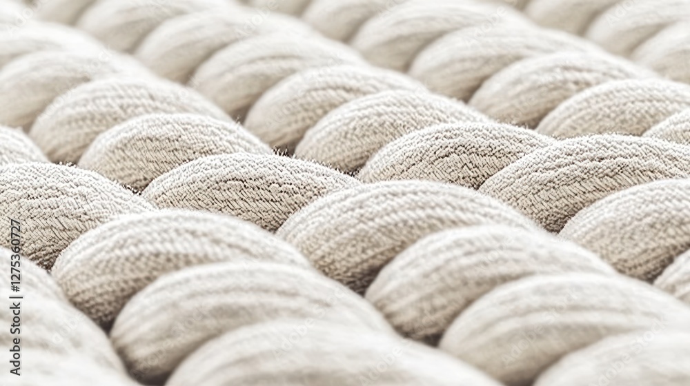 Close-up of textured, off-white, woven fabric with a repeating pattern of rounded shapes. Close-up of textured, off-white, woven fabric with a repeating pattern of rounded shapes.