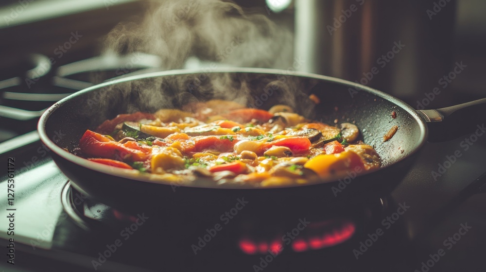 Steaming vegetable and egg skillet dish on a stovetop. Steaming vegetable and egg skillet dish on a stovetop.