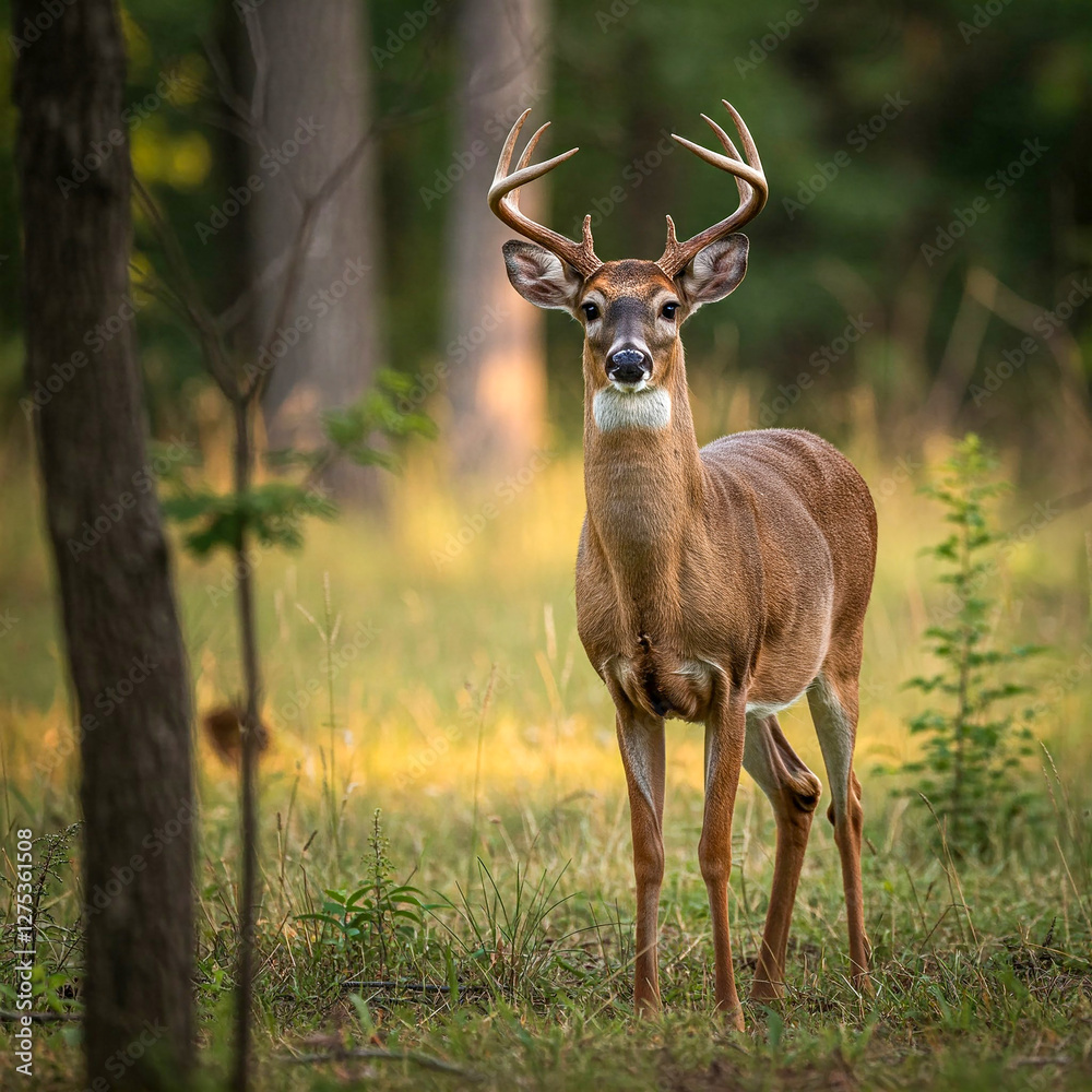 Fototapeta premium A majestic buck stands alert in a vibrant green field under a bright, partly cloudy sky