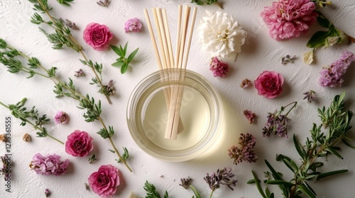 Aromatic Reed Diffuser Surrounded by Fresh Flowers and Herbs. Generative AI photo