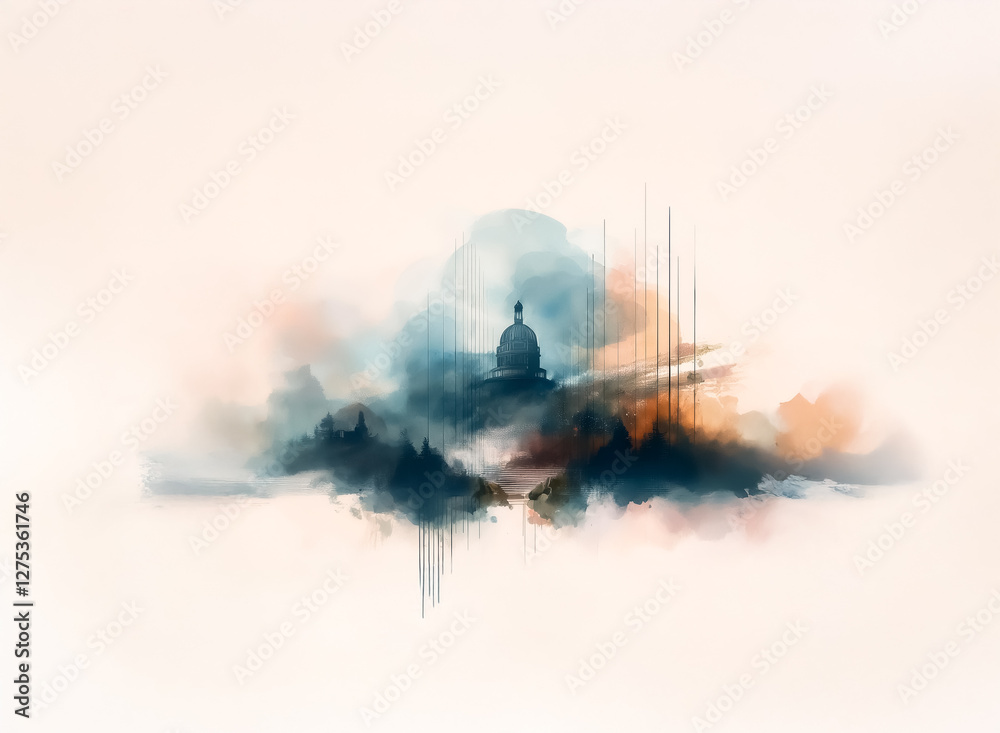 Meditative figure sits serenely on abstract, cloud-like formations. Soft, painterly strokes in calming blue and orange hues evoke peace and spirituality.