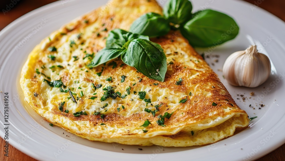 Hearty Omelet with Herbs on Wooden Table Hearty Omelet with Herbs on Wooden Table