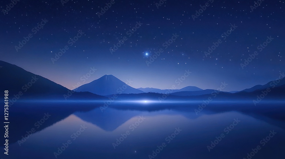 Serene night landscape with a mountain reflected in a calm lake under a starry sky.