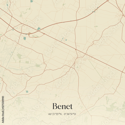 Vintage map of Benet, France.
