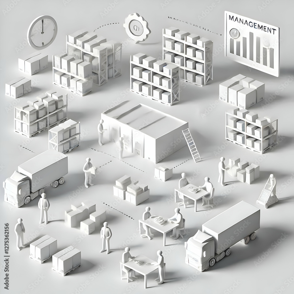 Fototapeta premium A minimalist illustration of a production management strategy being implemented in a warehouse. The white background highlights the simplicity of managing stock products and efficient distribution.