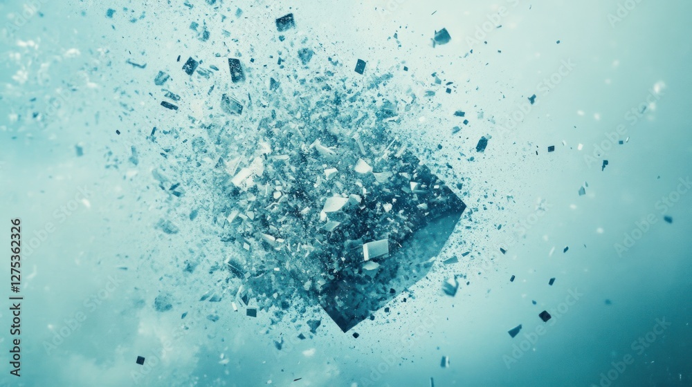 Obraz premium Exploding blue cube, fragments scattering.
