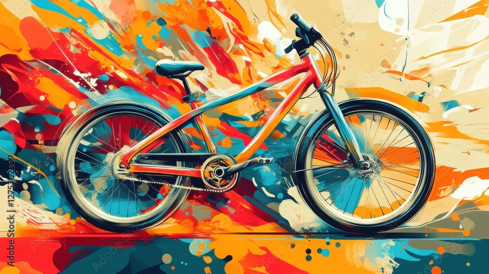Fototapeta premium Vibrant Pop Art Bicycle in Dynamic Abstract Background with Bold Colors and Energetic Patterns