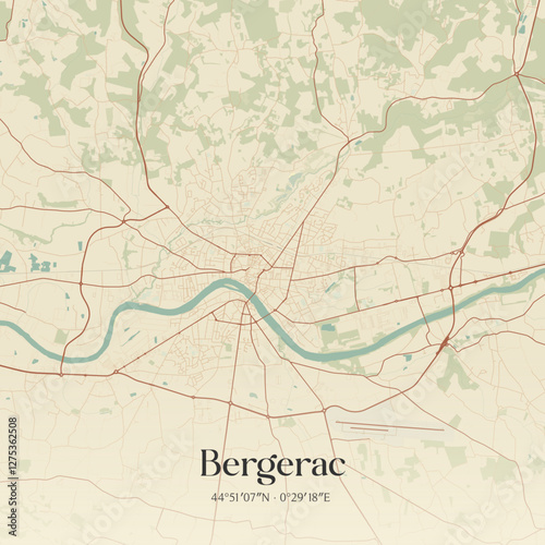 Vintage map of Bergerac, France.