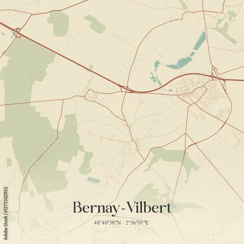 Vintage map of Bernay-Vilbert, France.