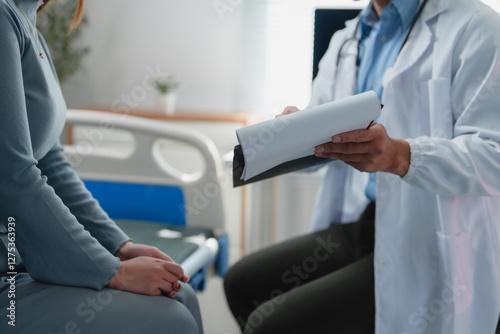 Doctor holding and reading medical records, discussing diagnosis and treatment plan with female patient in hospital room, providing healthcare and support