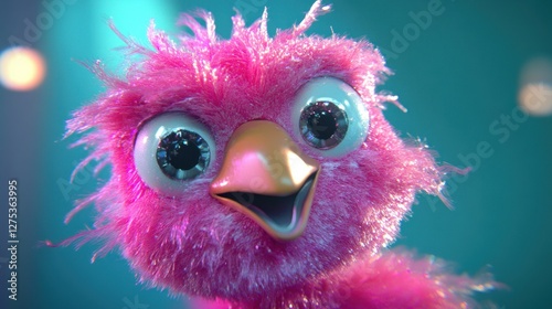 Cute pink fluffy cartoon bird with big eyes, happy expression, close-up.