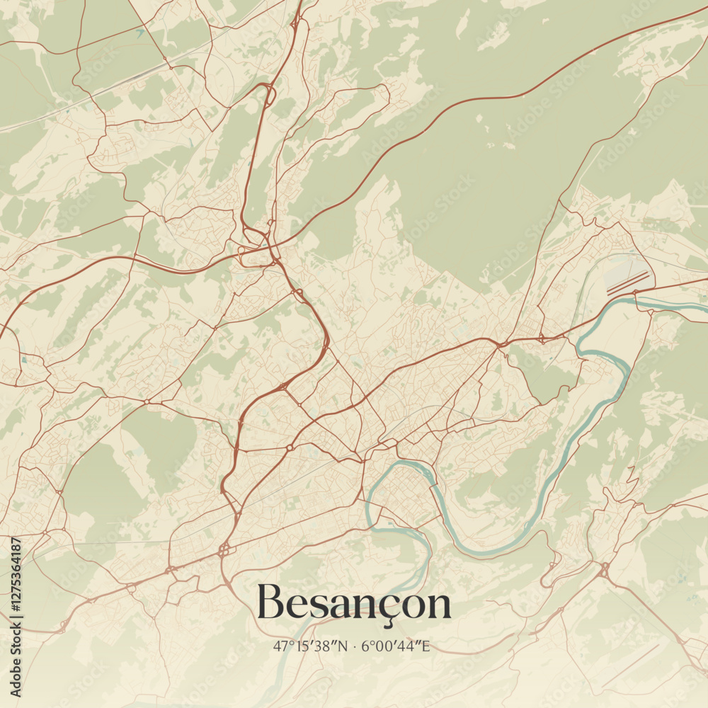 Fototapeta premium Vintage map of Besançon, France.