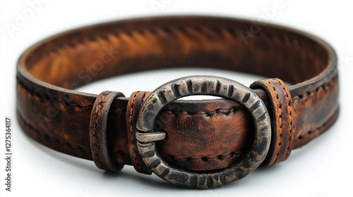 Close-up of a leather belt with a round silver buckle isolated on white background. Generative AI photo