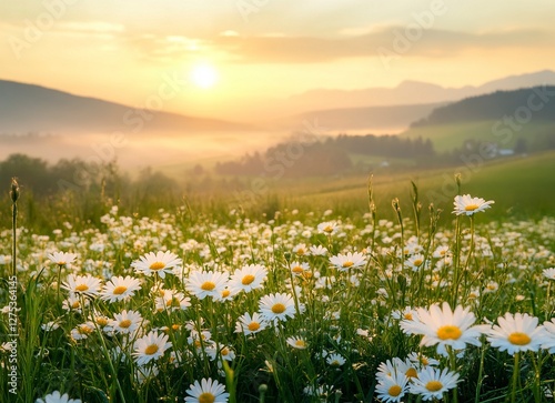Beautiful meadow with white daisies in spring, sunrise over the mountains, foggy morning. Landscape of a green field full of blooming flowers at dawn. Stock photo, suitable for text placement.