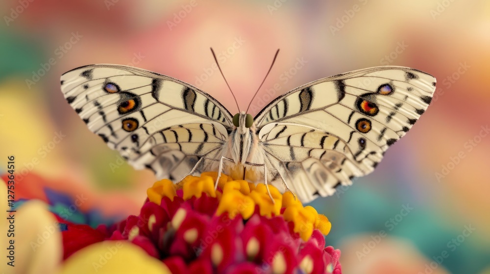 Obraz premium Vibrant Butterfly on Colorful Flower with Soft Background Blur