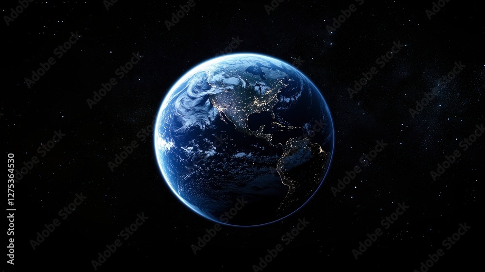 Nighttime view of Earth from outer space, showcasing glowing city lights, deep blue ocean Nighttime view of Earth from outer space, showcasing glowing city lights, deep blue ocean