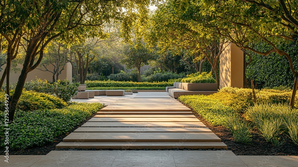 Fototapeta premium Serene Garden Path Stone Steps Landscaping Design