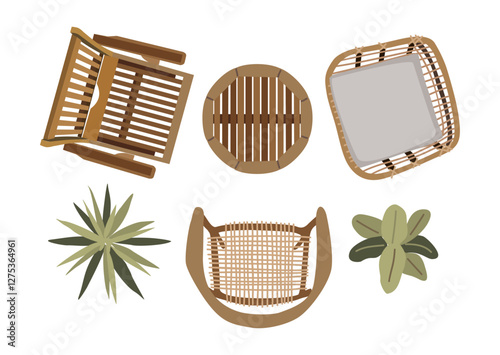 Top view of furniture icons for interior, landscape design plan. Rattan armchairs, table, potted plants for terrace, patio, garden, lounge, porch zone. Vector illustration