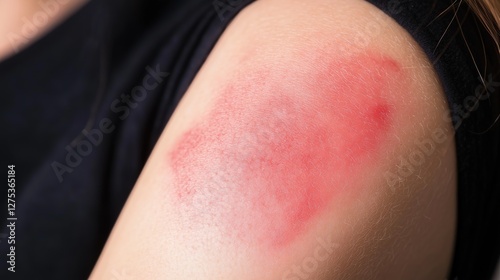 A red burn mark on a woman's arm. Closeup of a red blotchy area on a forearm. A red welt on a woman's shoulder. Skin burn, rash, allergy photo