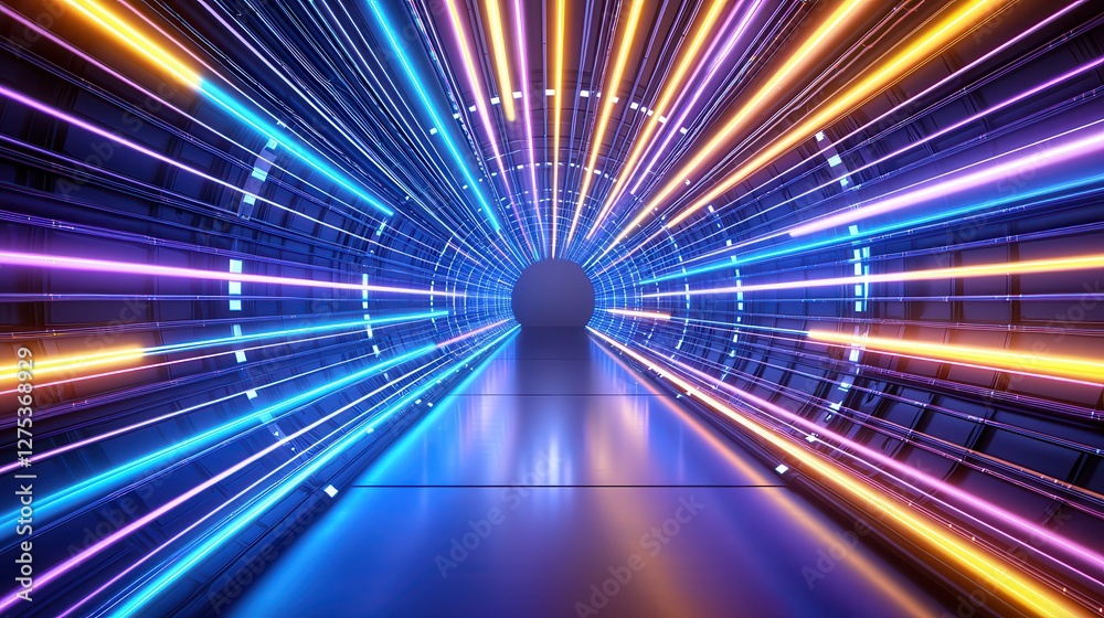 Obraz premium Fiber optic networks enhance speed with laser technology. Vibrant light tunnel with colorful beams and a circular exit.