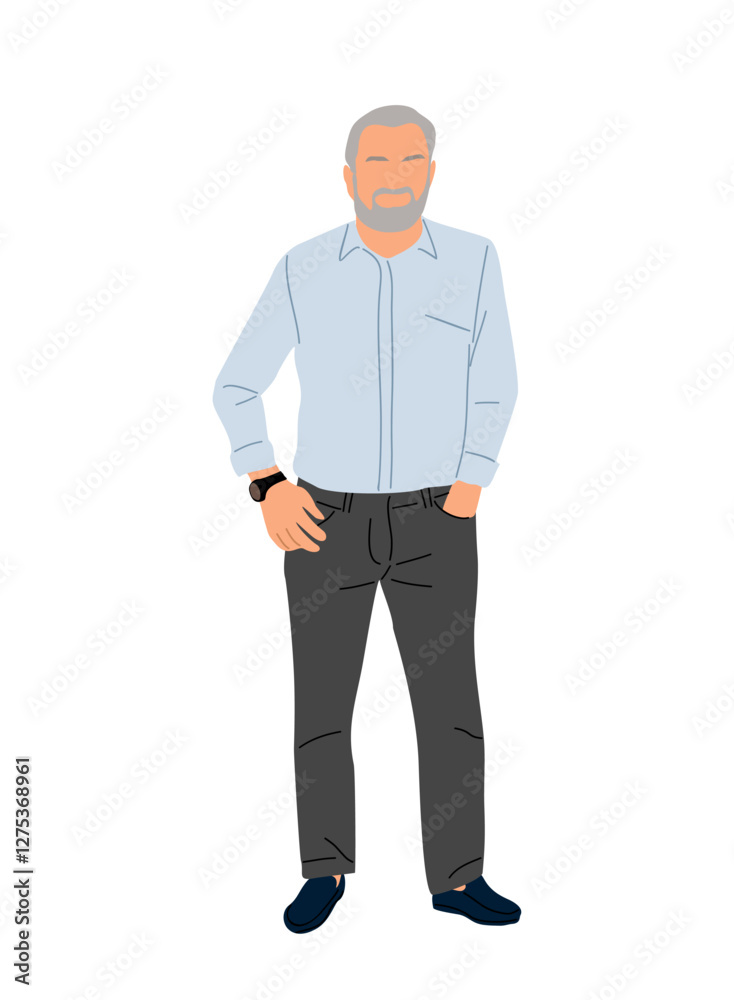 Senior business men standing, wearing smart casual office outfit. Aged man cartoon character vector realistic illustration isolated Senior business men standing, wearing smart casual office outfit. Aged man cartoon character vector realistic illustration isolated