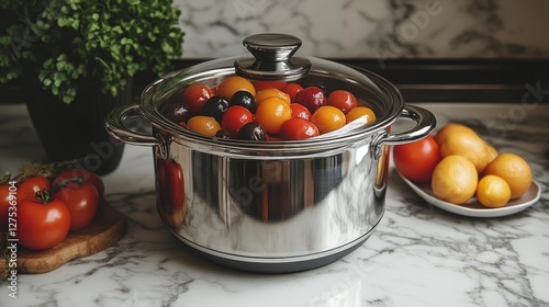 Stainless steel cooking pot filled with colorful tomatoes and lemons. Generative AI photo