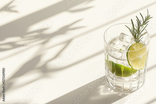 Minimalist gin and tonic with lime and rosemary in sunlight
