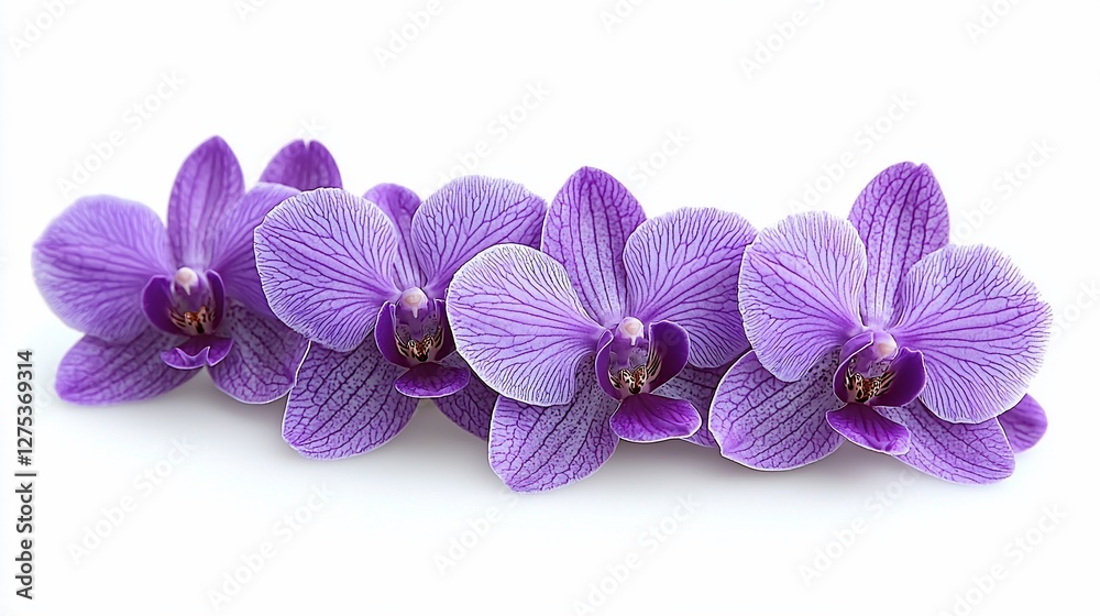 Obraz premium Vibrant purple orchids arranged elegantly against a clean white background, showcasing their beauty