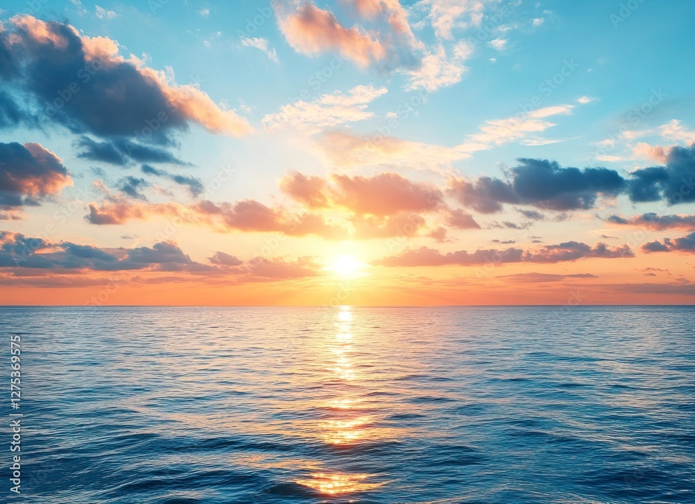 Obraz premium Beautiful sunrise over the sea, blue sky with clouds and sun on the horizon, peaceful nature background. Calm seascape view with copy space for text. Stock photo, empty copy area. 