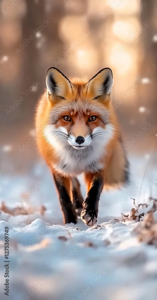 Fototapeta premium Red fox walking in snowy forest; winter wildlife.