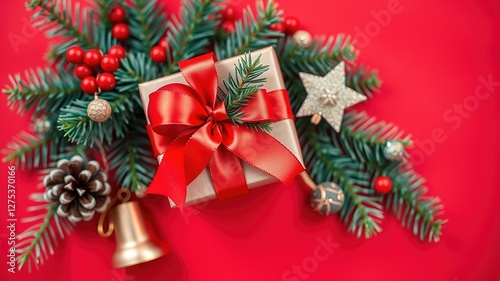 Christmas Gift Box Top View, Festive Background, Red Balls, Spruce Branches, Pine Cones, Berries, Star, Bell
