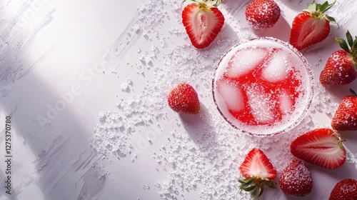 Strawberry daiquiri with ice and sugar on a white background photo